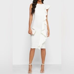 NWT Gorgeous “INC” WHITE Scuba Ruffled One Shoulder Dress SZ:Lg Asymmetrical